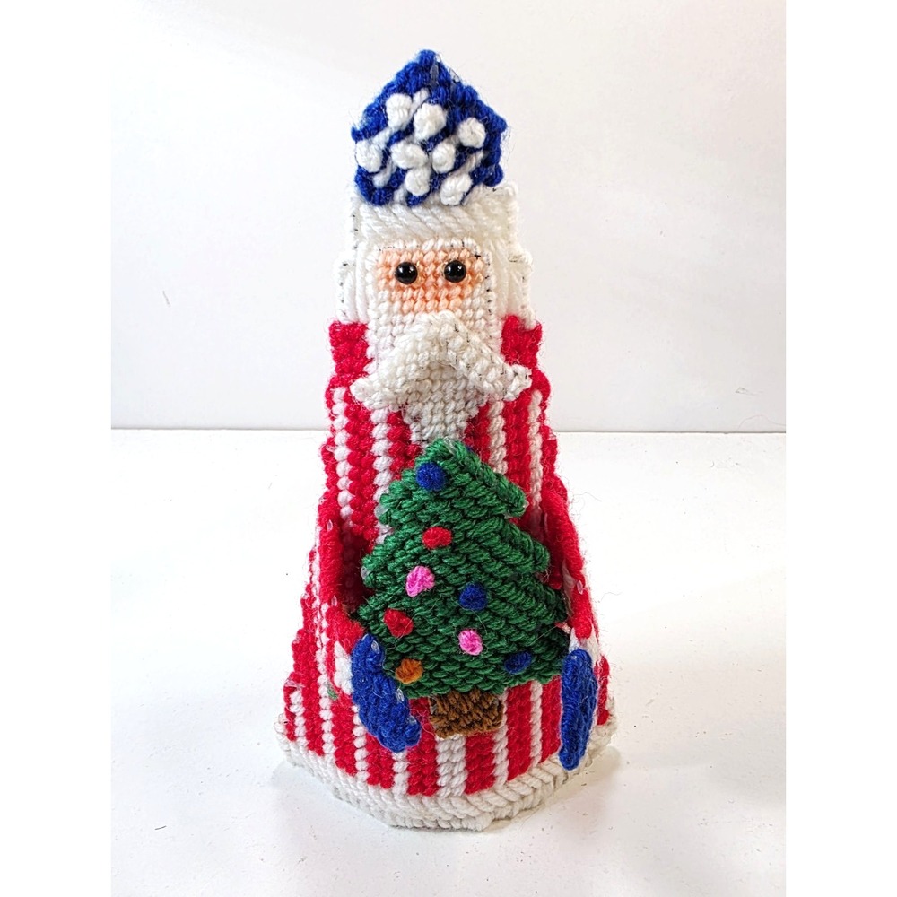 Vtg Handmade Santa Claus Plastic Canvas Needlepoint Cone Figure 8" Christmas